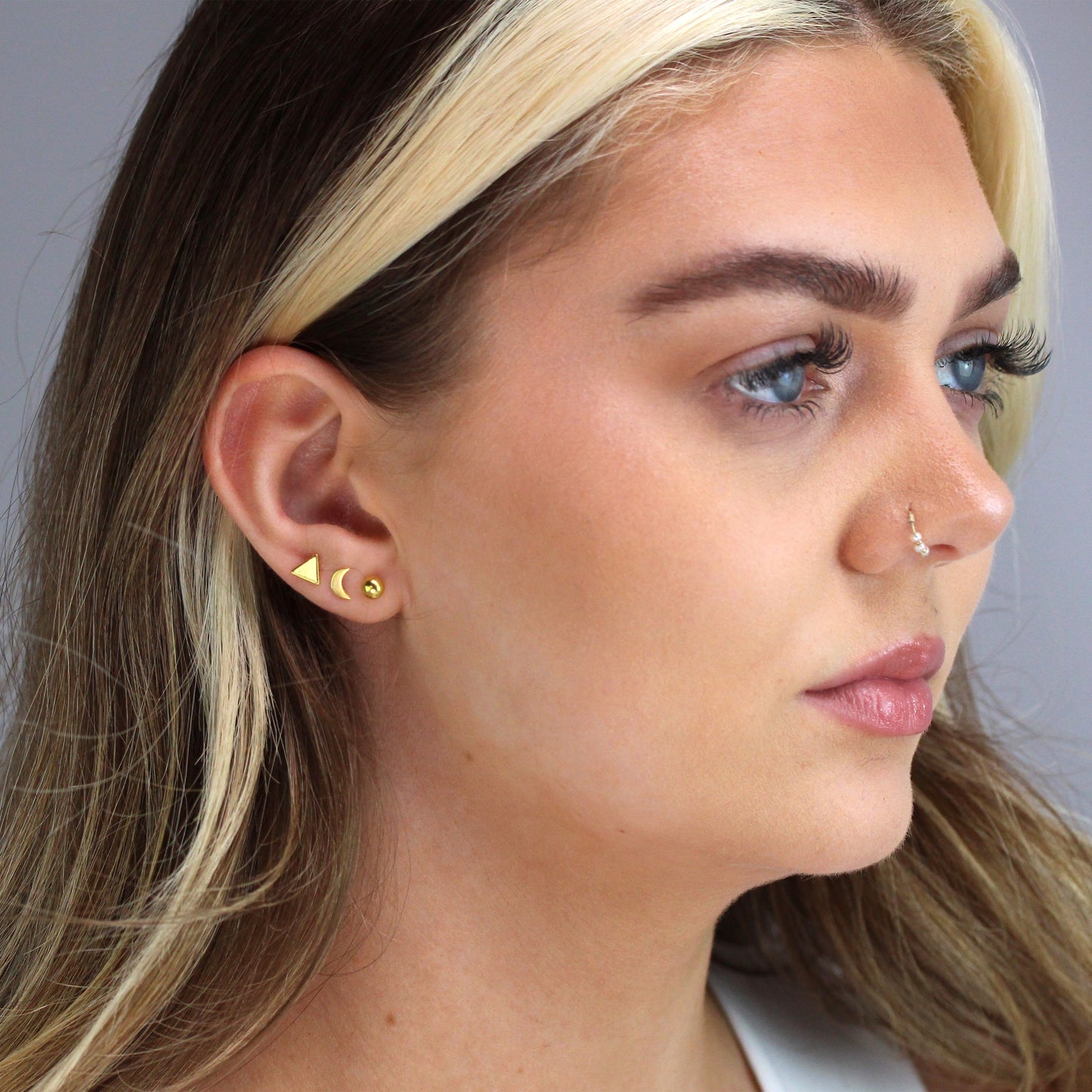 Gold Plated Sterling Silver Triangle Moon Ball Stud Earrings Set