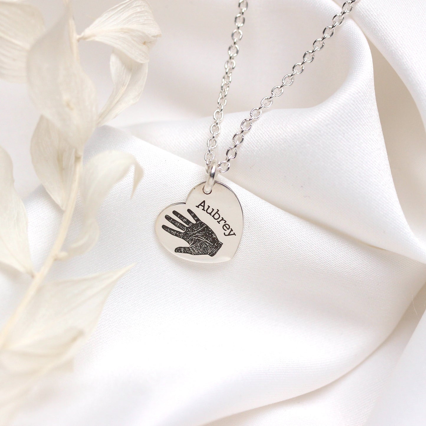 Bespoke Sterling Silver Handprint Heart Name Necklace 16 - 24 Inches