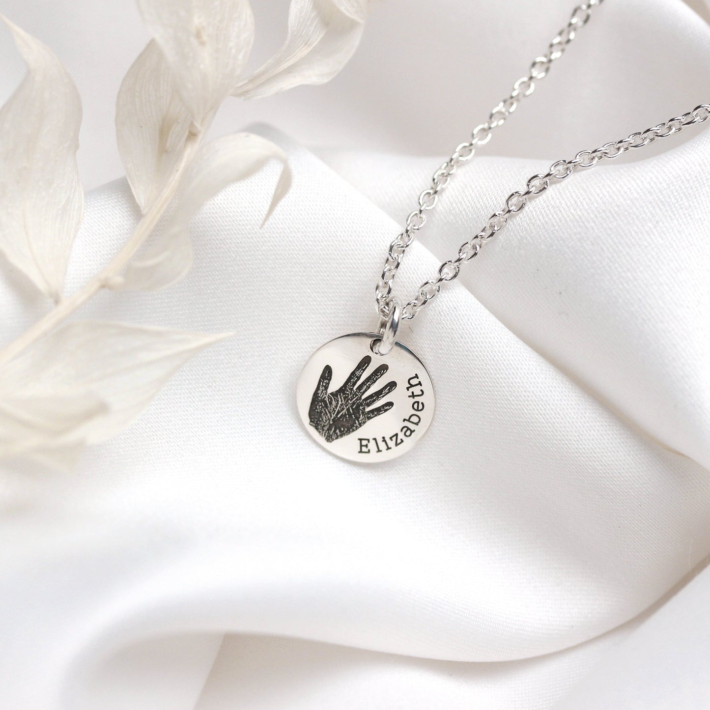 Bespoke Sterling Silver Handprint Round Name Necklace 16 - 24 Inches