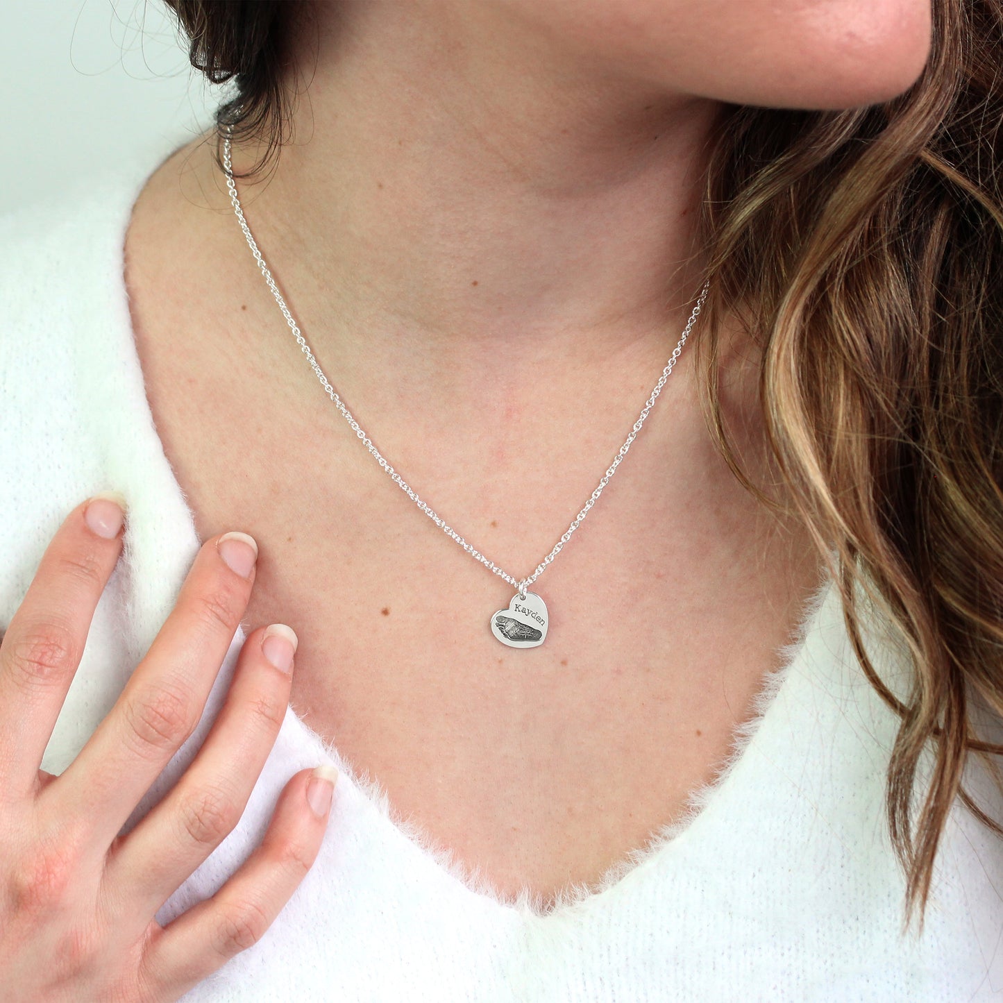 Bespoke Sterling Silver Footprint Heart Name Necklace 16 - 24 Inches