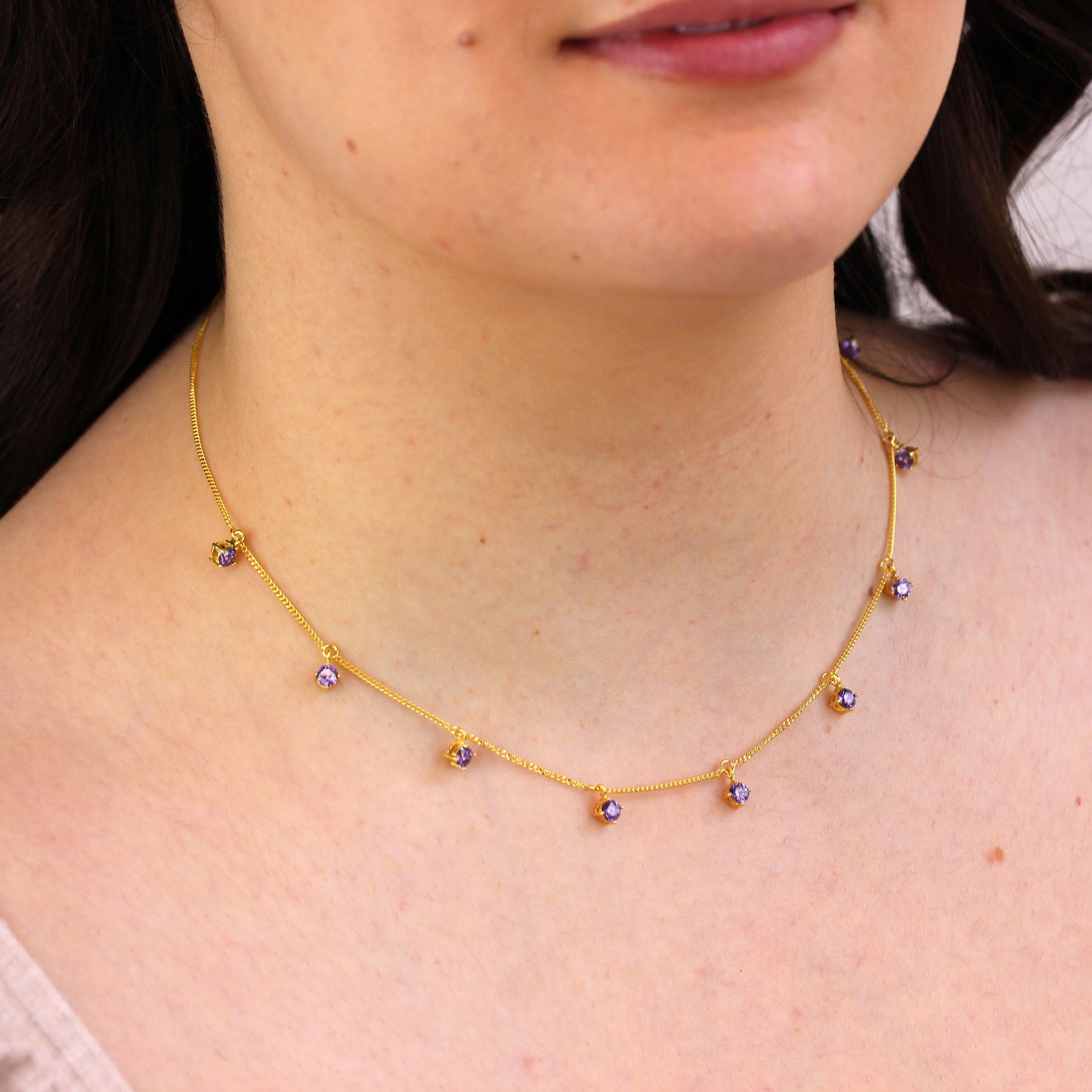 Gold Plated Sterling Silver Multi Amethyst CZ Necklace 16+2 Inch