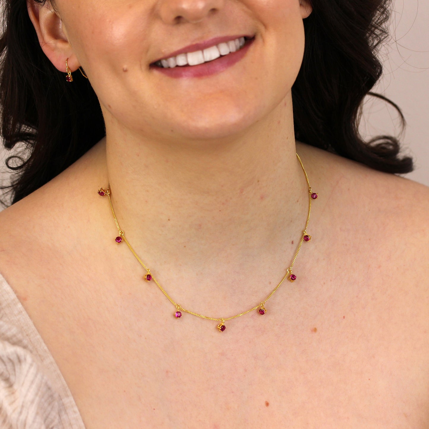 Gold Plated Sterling Silver Multi Ruby CZ July Necklace 16+2 Inch