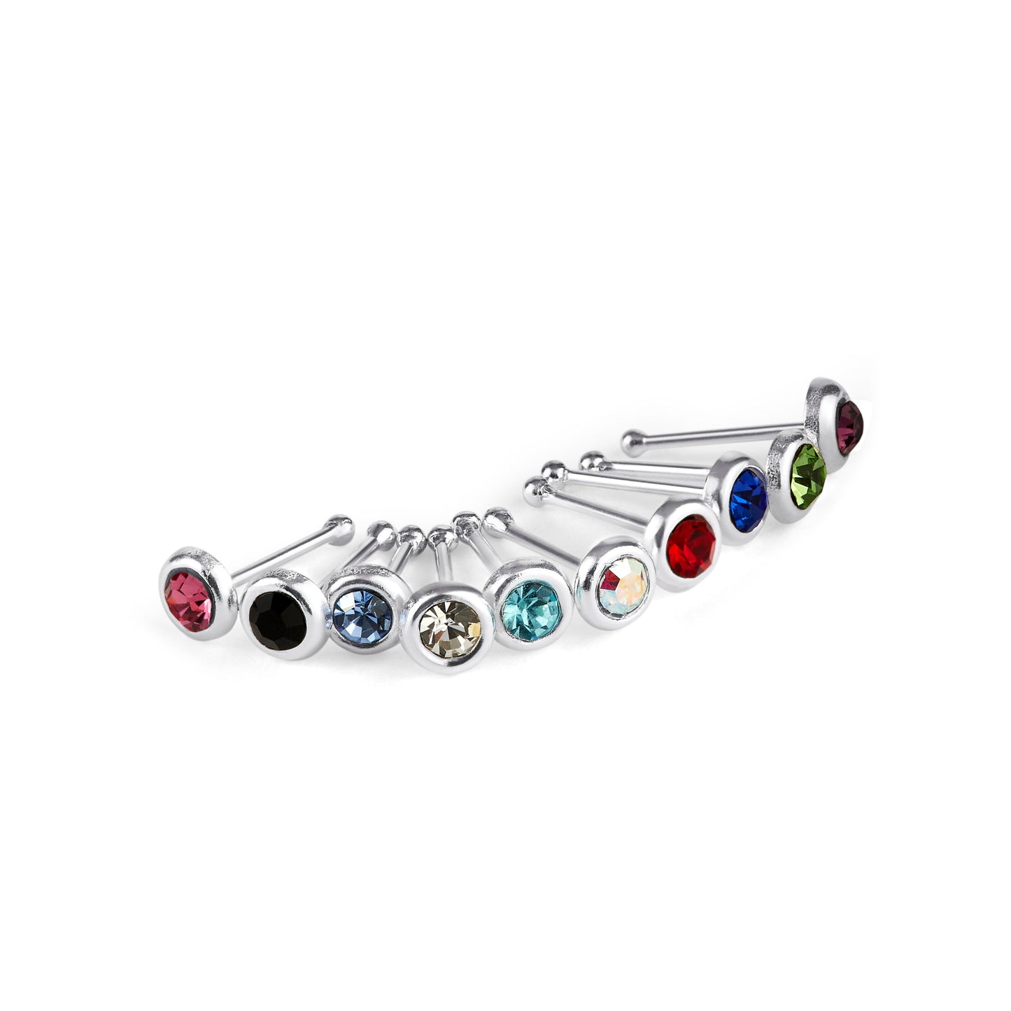 10 x Sterling Silver Multi-Color CZ 22Ga Nose Studs Ball End