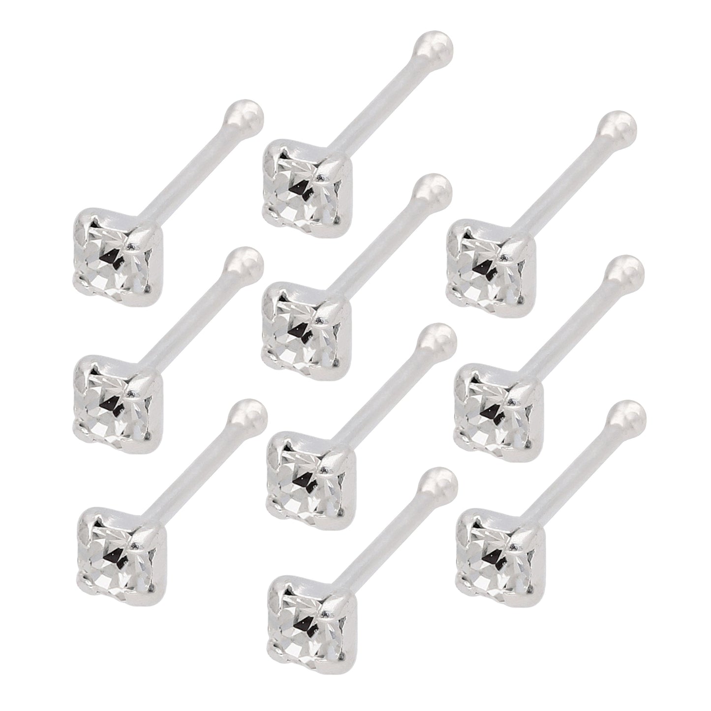 Sterling Silver 2mm CZ 22Ga Nose Stud Ball End Set of 10