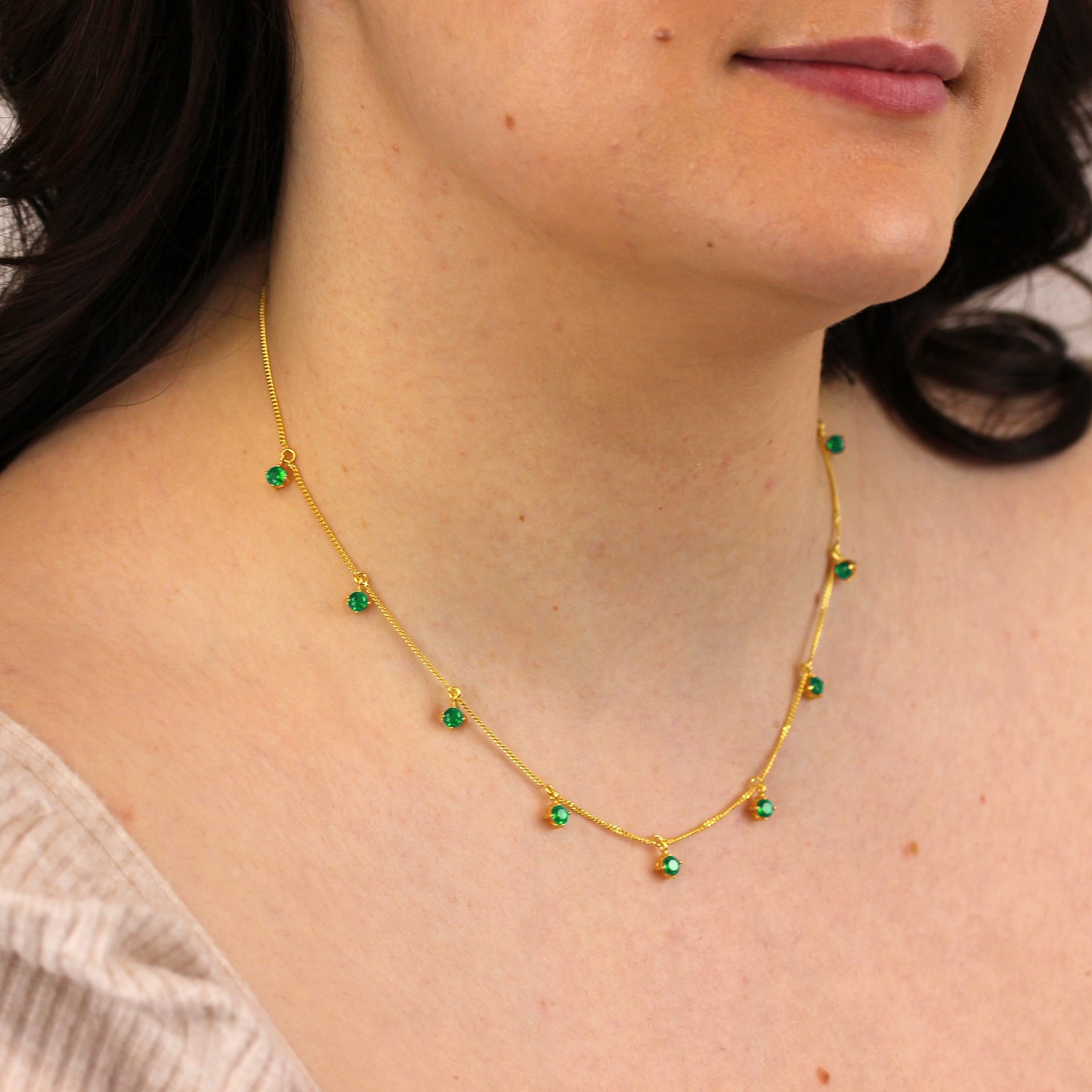 Gold Plated Sterling Silver Multi Emerald CZ Necklace 16+2 Inches