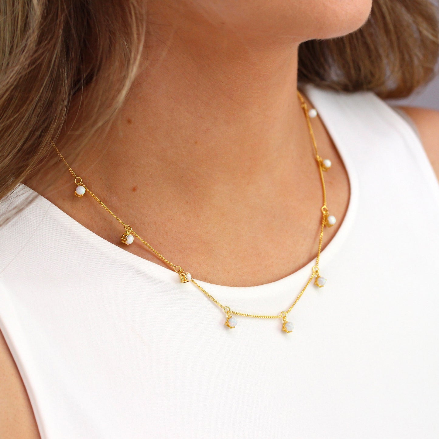 Gold Plated Sterling Silver Multi CZ Opal Necklace 16+2 Inches