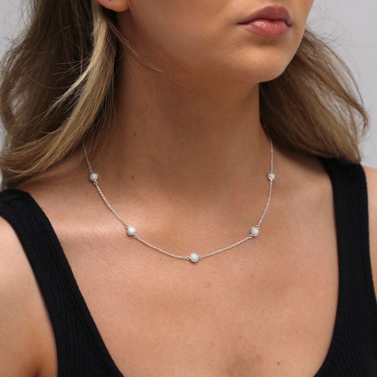 Sterling Silver Multi CZ Opal Rub Over Necklace 16+2 Inches