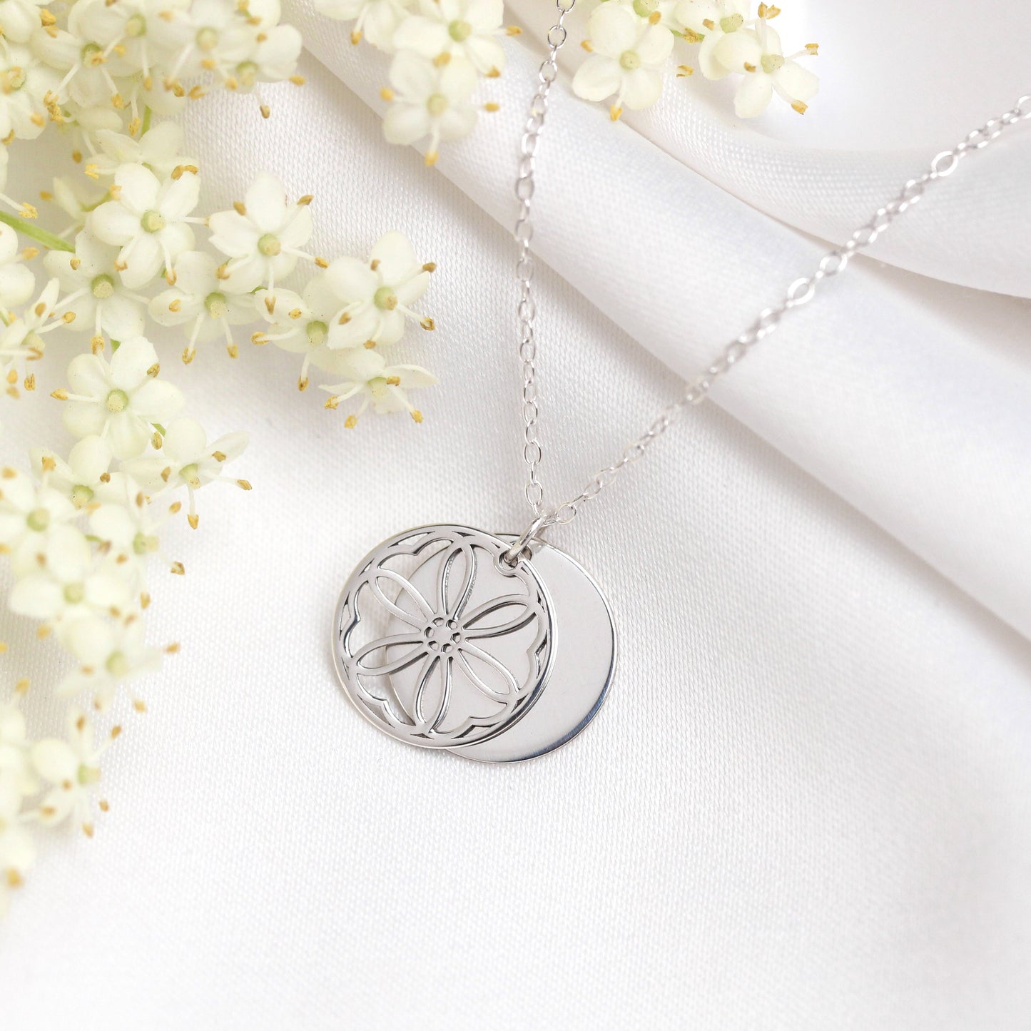 Sterling Silver February Violet Birth Flower & 13mm Engravable Tag Necklace 14 - 22 Inches