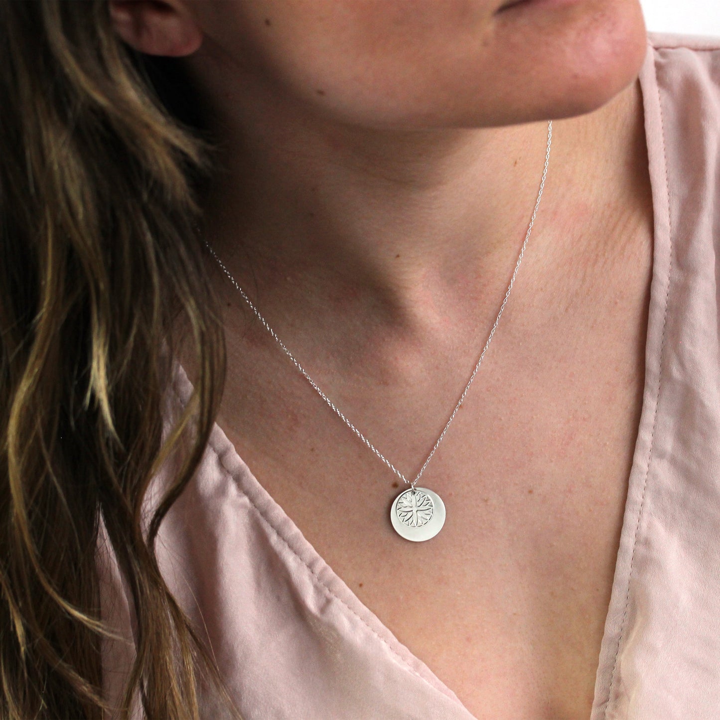 Sterling Silver Aster Flower & 18mm Tag Necklace 14 - 22 Inches