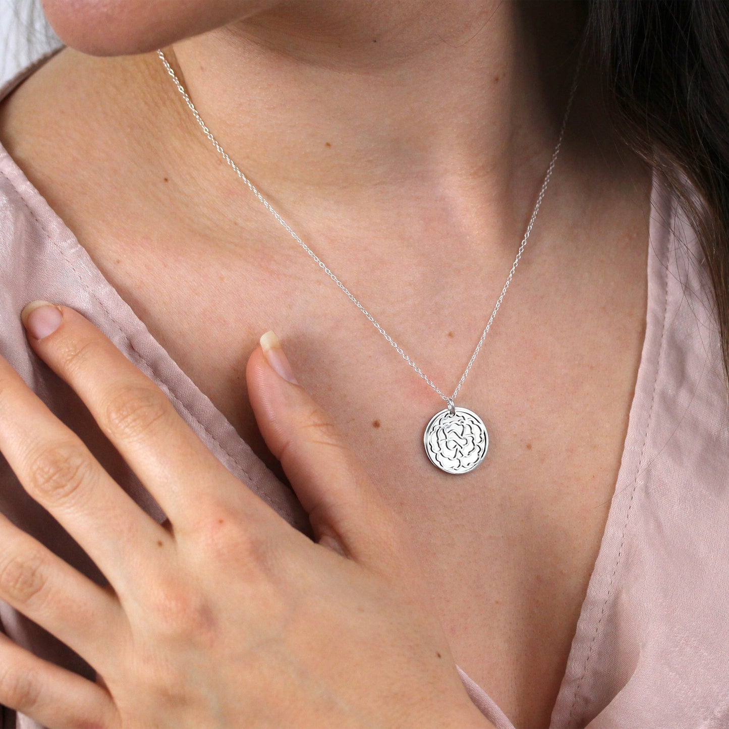 Sterling Silver Carnation Flower & 18mm Tag Necklace 14-22 Inches