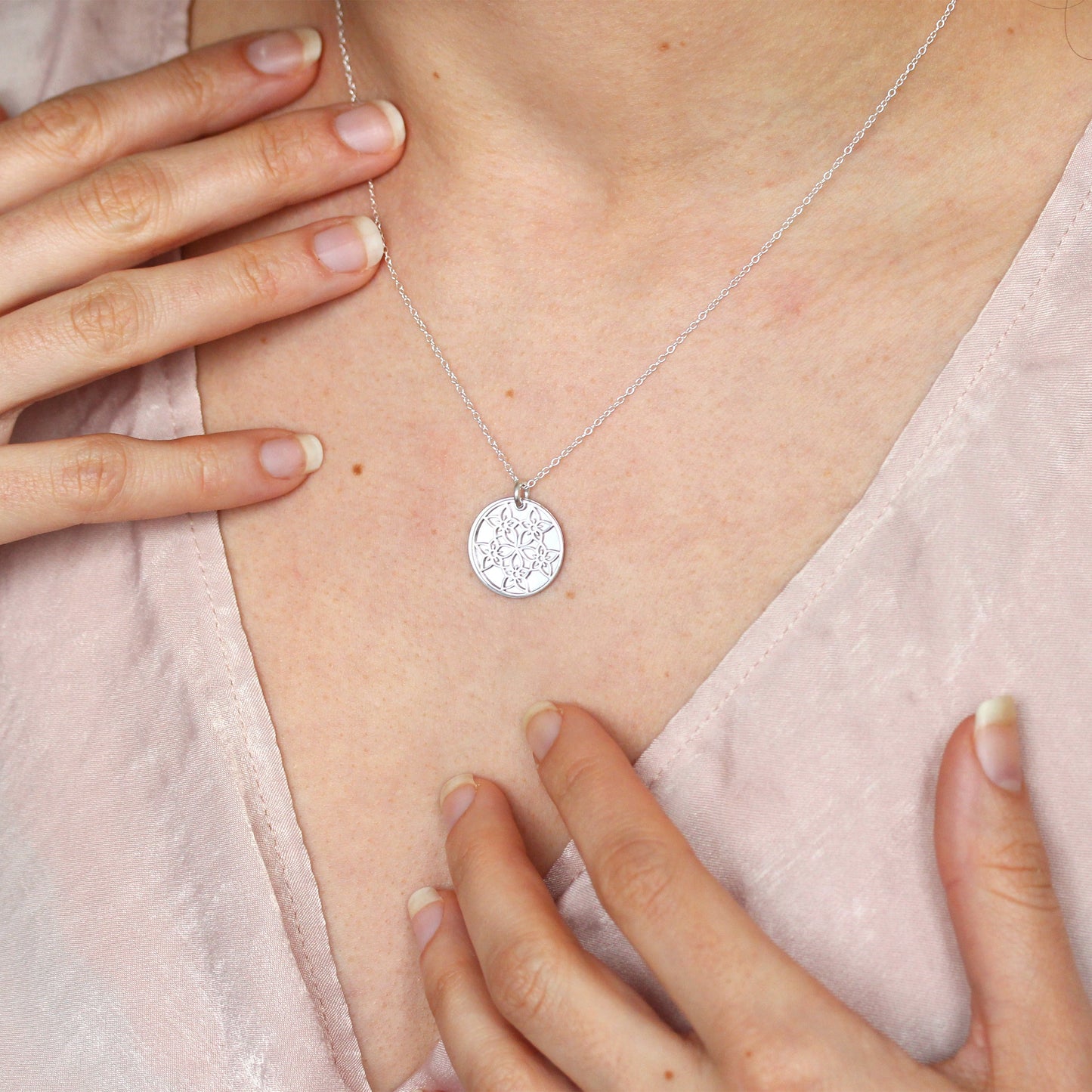 Sterling Silver Larkspur Flower & 18mm Tag Necklace 14-22 Inches