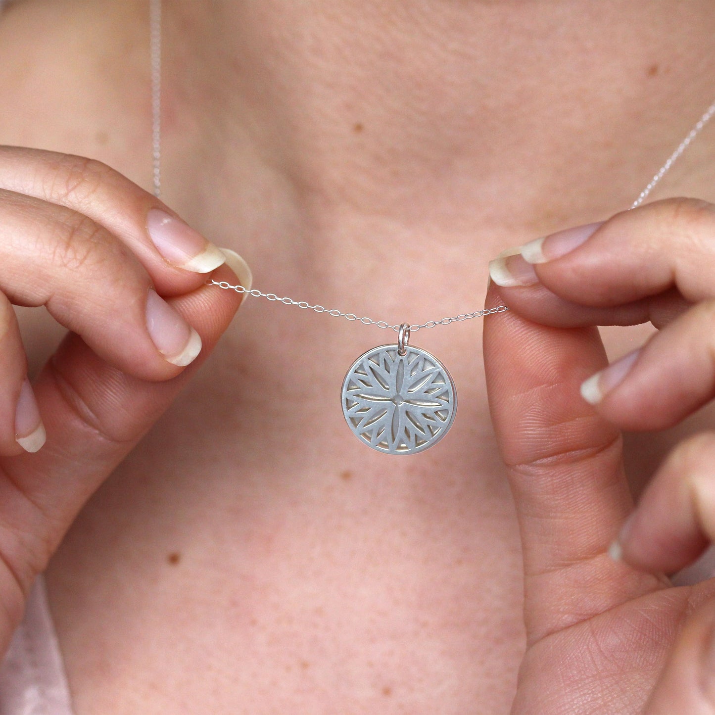 Sterling Silver Aster Flower & 18mm Tag Necklace 14-22 Inches