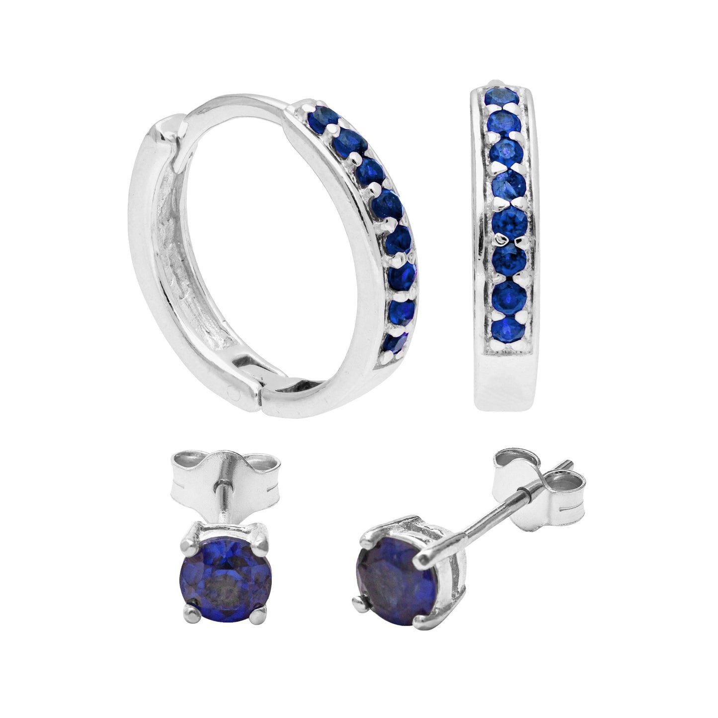 Sterling Silver Sapphire CZ Huggies & 4mm Stud Earrings Set