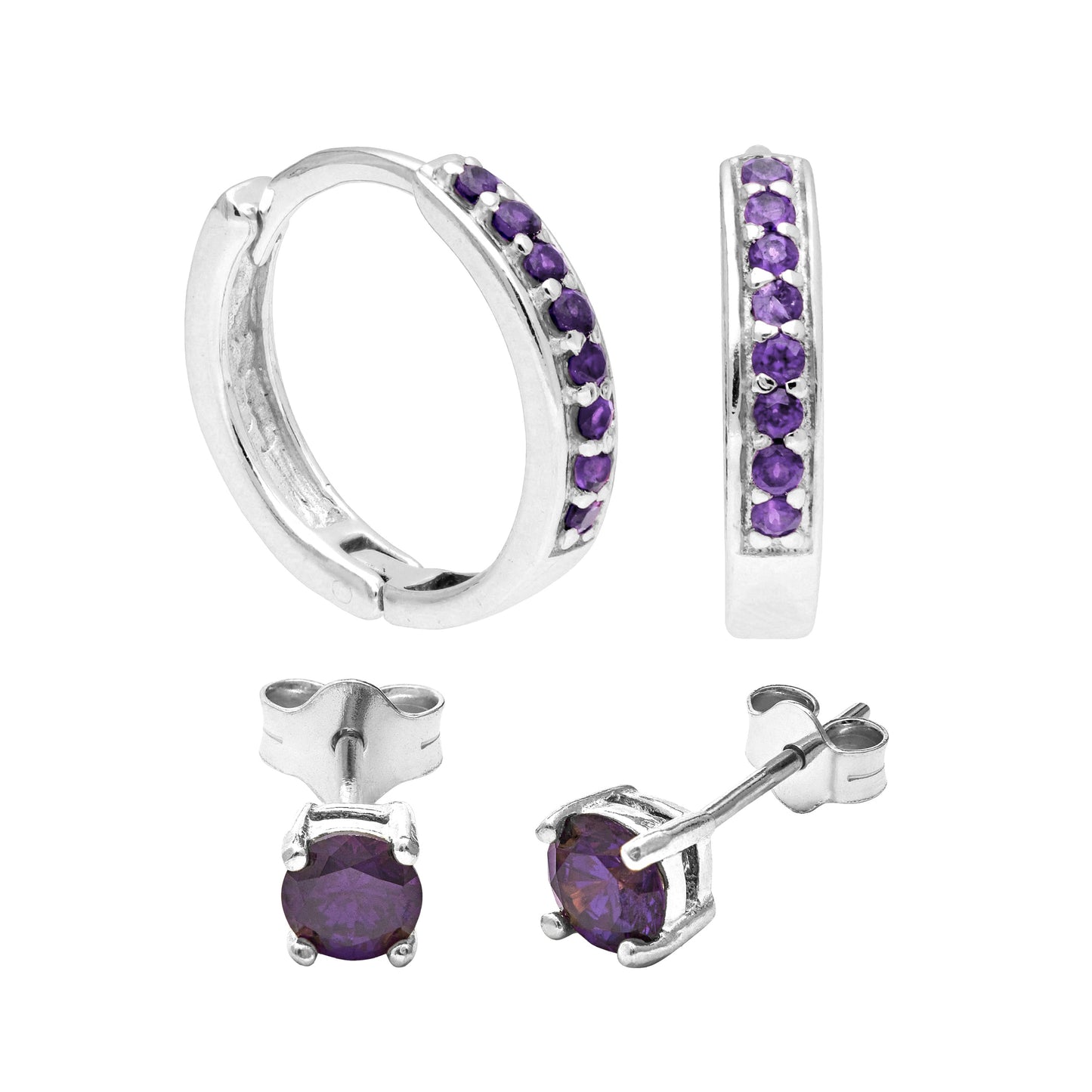 Sterling Silver Amethyst CZ Huggies & 4mm Stud Earrings Set