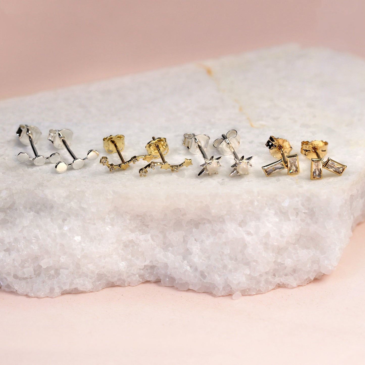 9ct Gold & Clear CZ Crystal String of Stars Stud Earrings