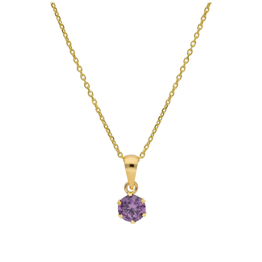9ct Gold 5mm Round Claw Amethyst CZ Necklace 16 - 20 Inches