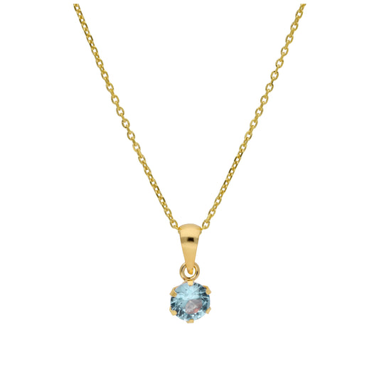 9ct Gold 5mm Round Claw Aquamarine CZ Necklace 16 - 20 Inches