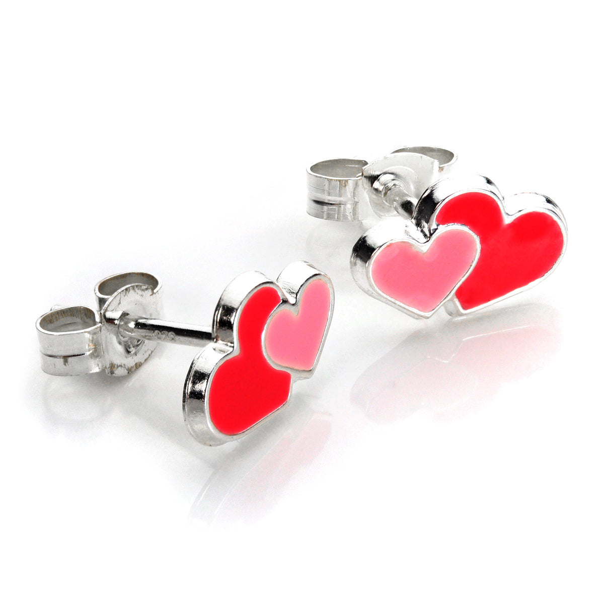 Sterling Silver Enamelled Double Hearts Stud Earrings