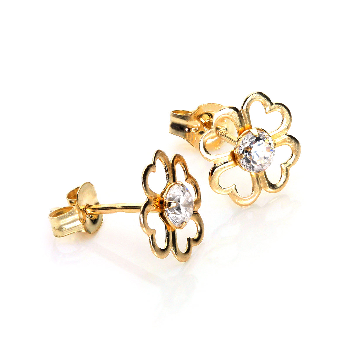 9ct Yellow Gold Clear CZ 4 Leaf Clover Stud Earrings