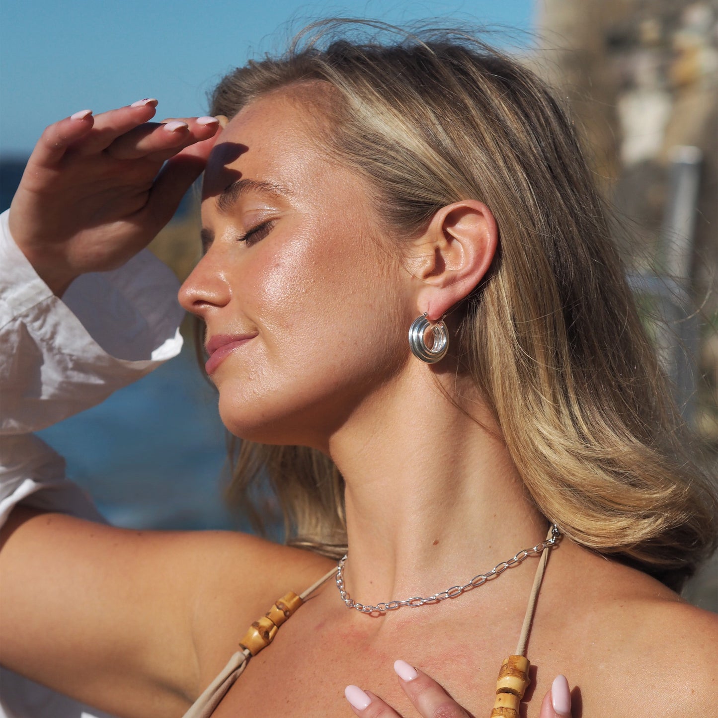 Sterling Silver Chunky Ridged Creole Hoop Earrings