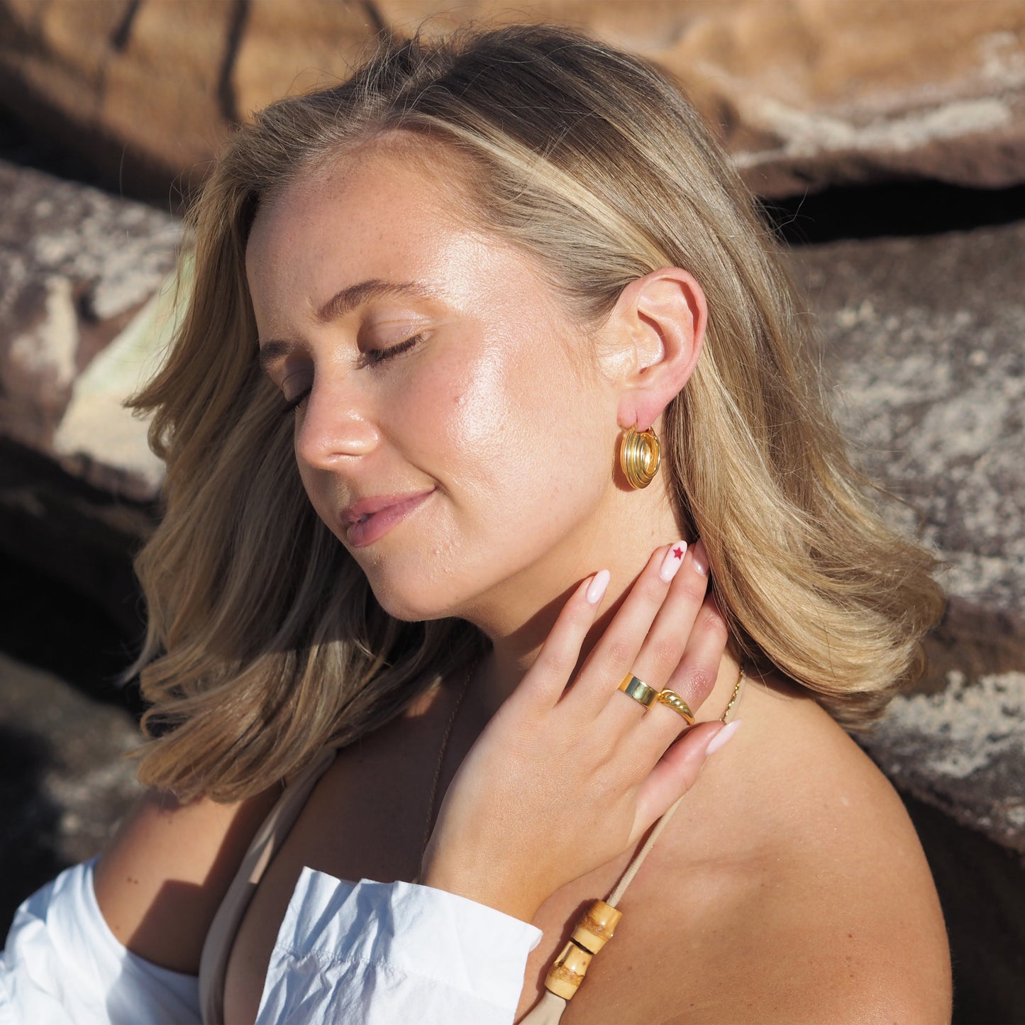 Gold Plated Sterling Silver Chunky Ridged Creole Hoop Earrings