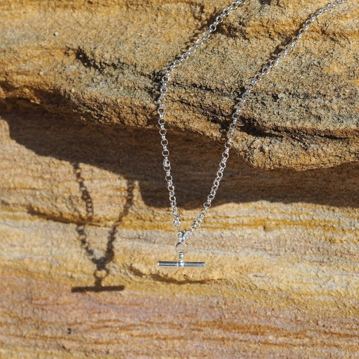 Sterling Silver T-Bar Rolo Chain Necklace 18 Inches