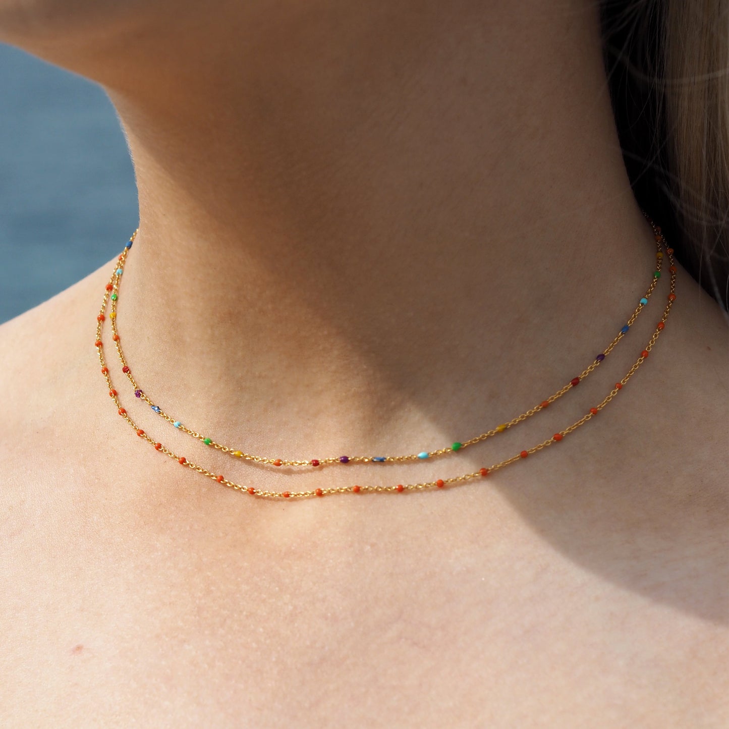 Fine Gold Plated Sterling Silver & Rainbow Enamel Confetti Chain Necklace - 16 Inches