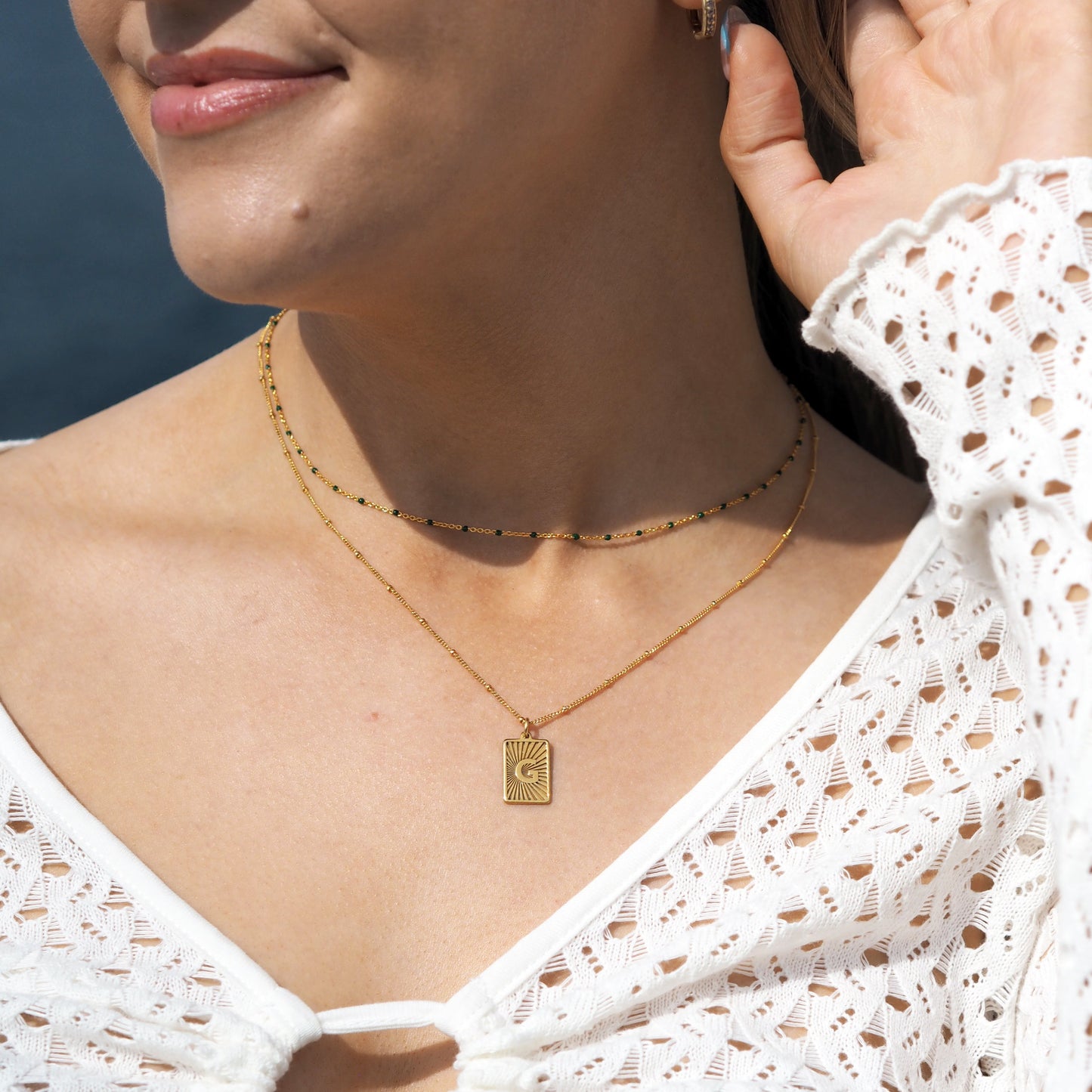 Fine Gold Plated Sterling Silver & Green Enamel Confetti Chain Necklace - 16 Inches