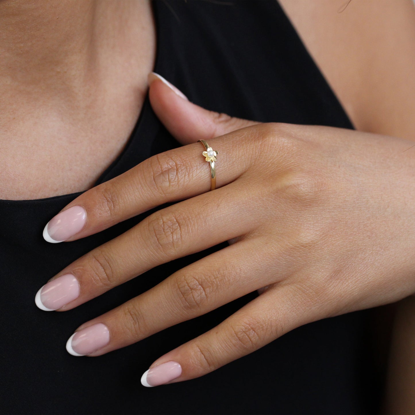 9ct Gold Stacking Ring with Freshwater Pearl Flower