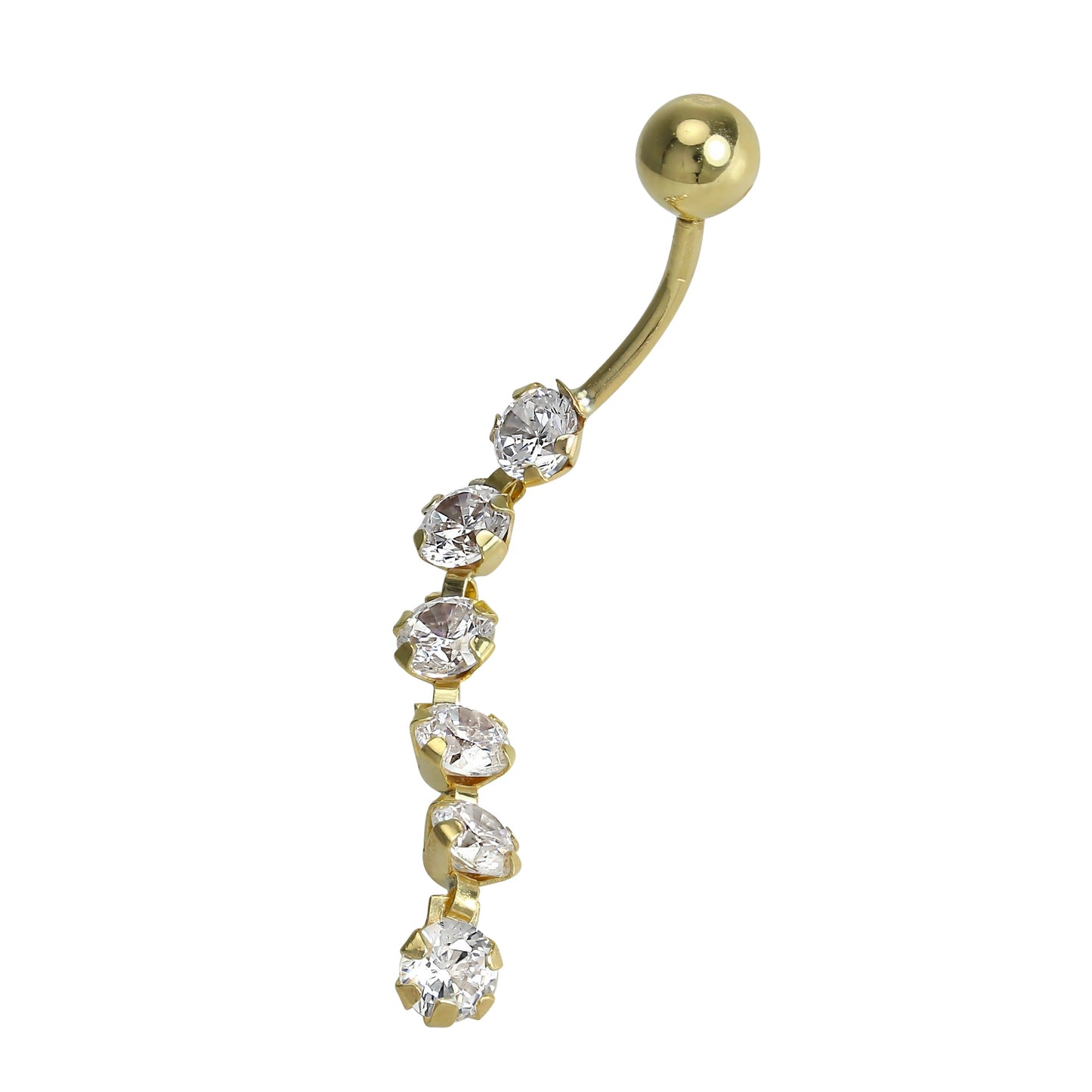 9ct Gold Belly Bar Piercing with 6 Round Clear CZ Crystal Drop
