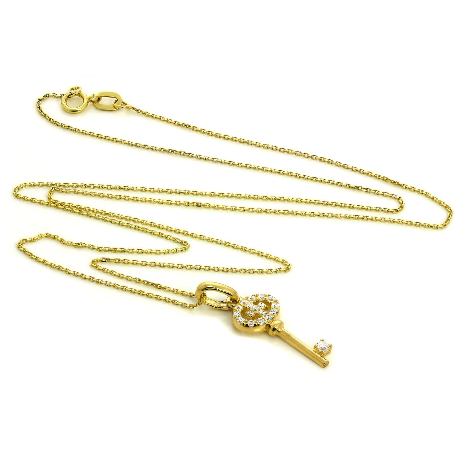 9ct Yellow Gold & CZ Crystal Encrusted Key Pendant on 16 - 20 Inch Chain