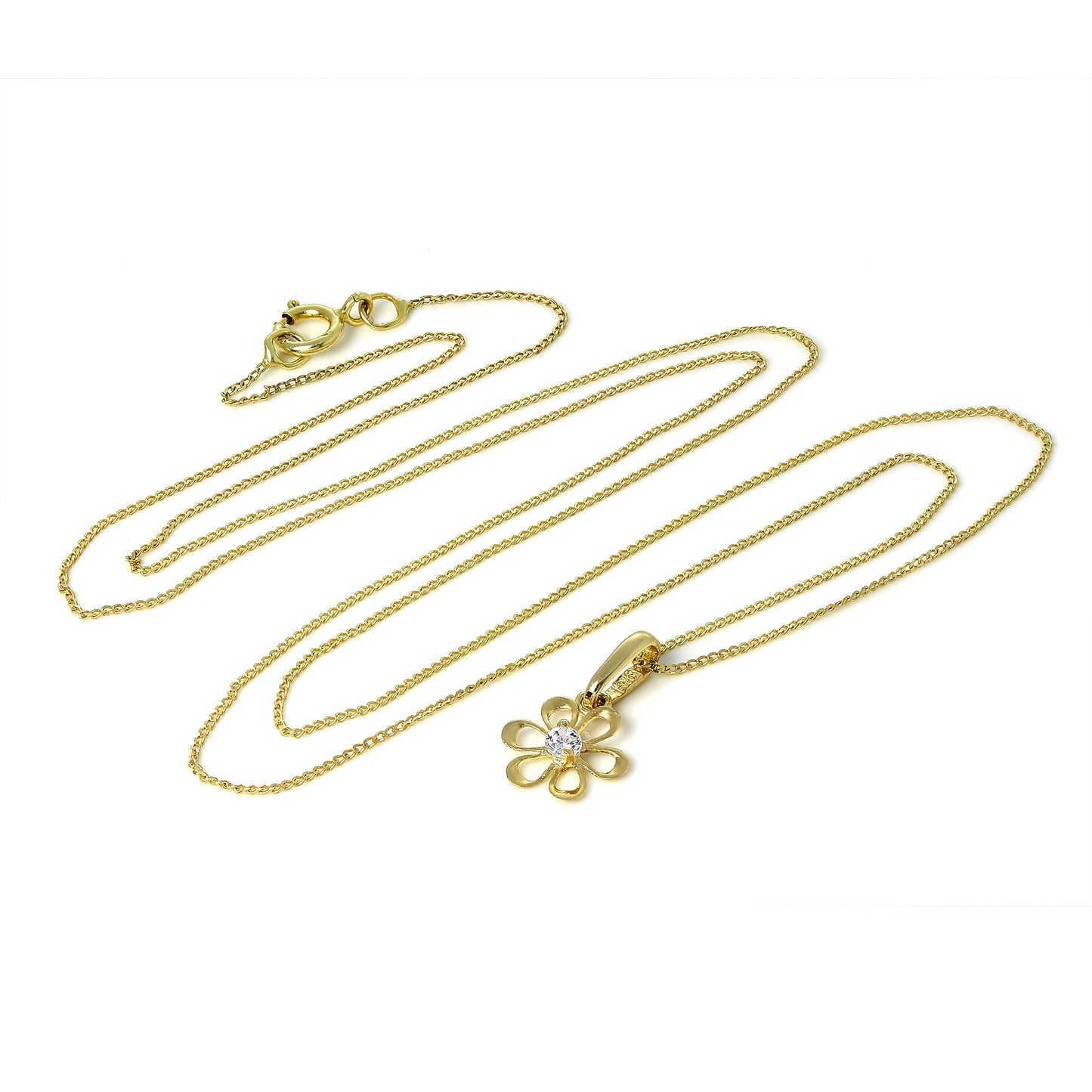 9ct Gold Cut Out Flower Pendant with CZ Crystal on Chain