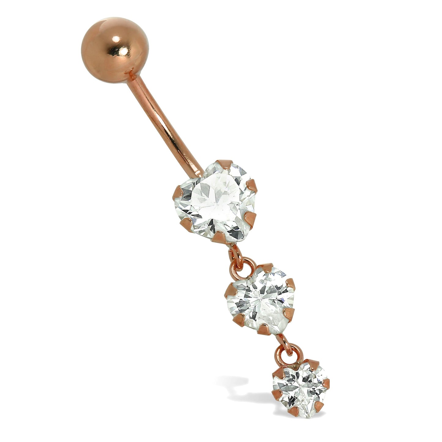 9ct Rose Gold & Clear CZ Crystal Triple Heart Belly Bar