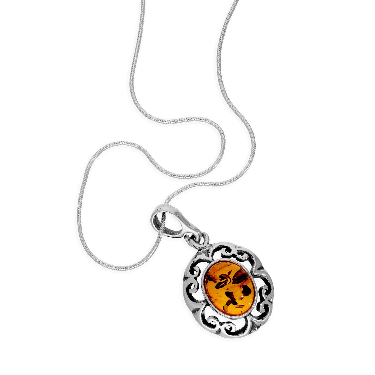Sterling Silver & Baltic Amber Fancy Floral Pendant Necklace 14 - 22 Inches
