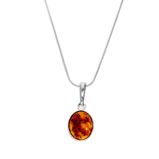 Sterling Silver & Baltic Amber Oval Pendant Necklace 14 - 22 Inches