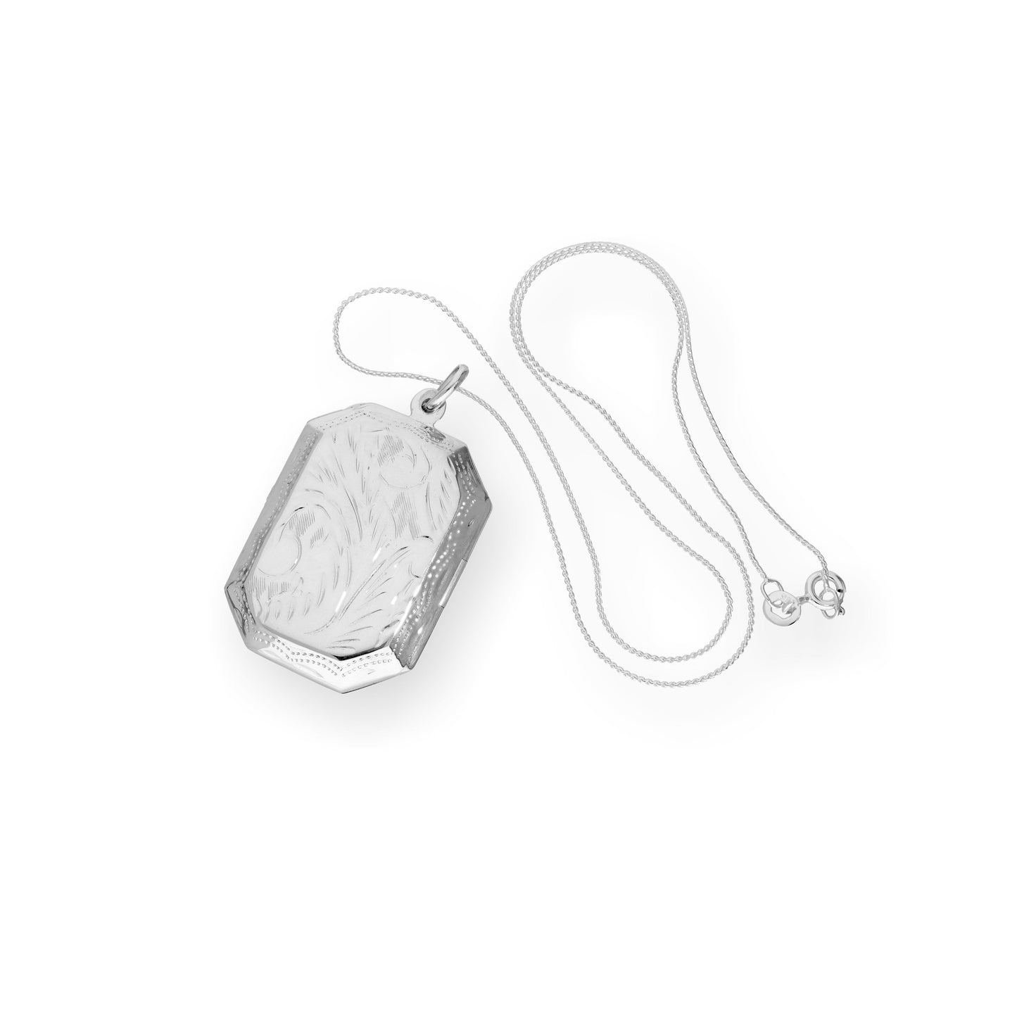 Large Sterling Silver Engraved Octagonal Locket on Chain 16 - 22 Inches