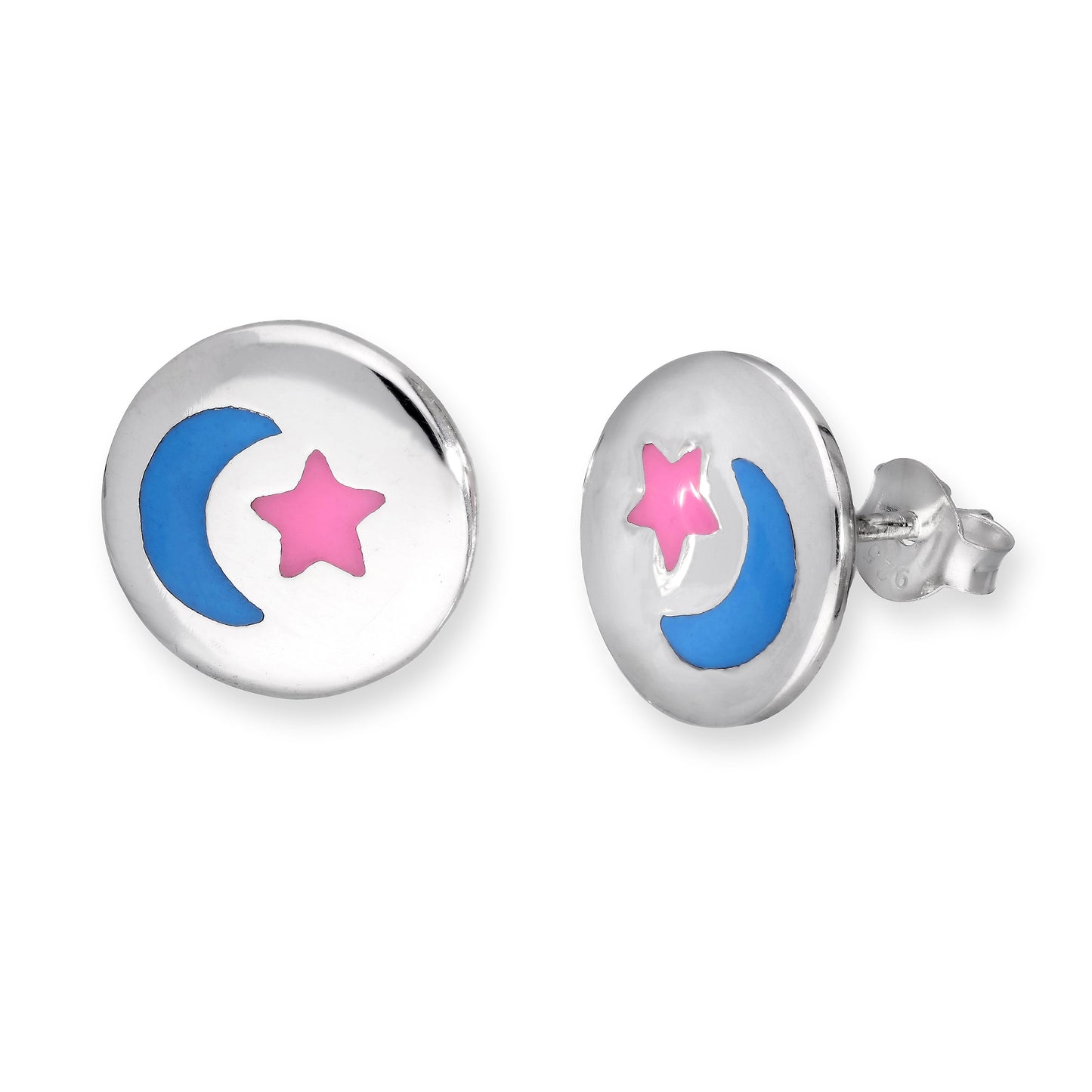 Sterling Silver & Enamel Moon & Star Disc Stud Earrings