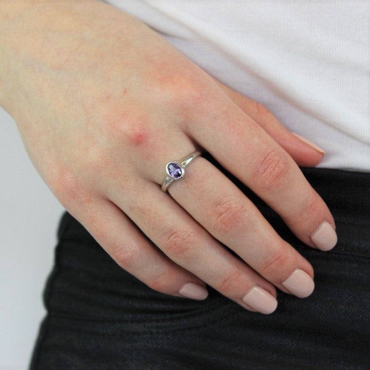 Sterling Silver & Amethyst CZ Crystal Oval February Birthstone Ring Sizes J - U
