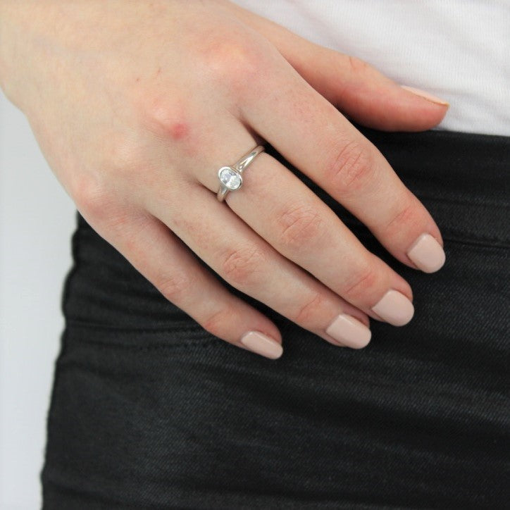 Sterling Silver & Clear CZ Crystal Oval April Birthstone Ring Sizes J - U