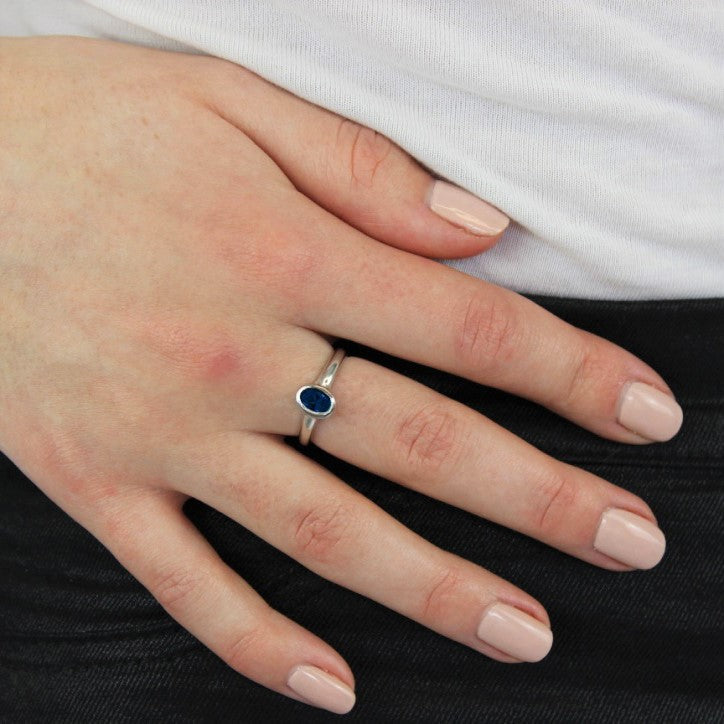 Sterling Silver & Sapphire CZ Crystal Oval September Birthstone Ring Sizes J - U