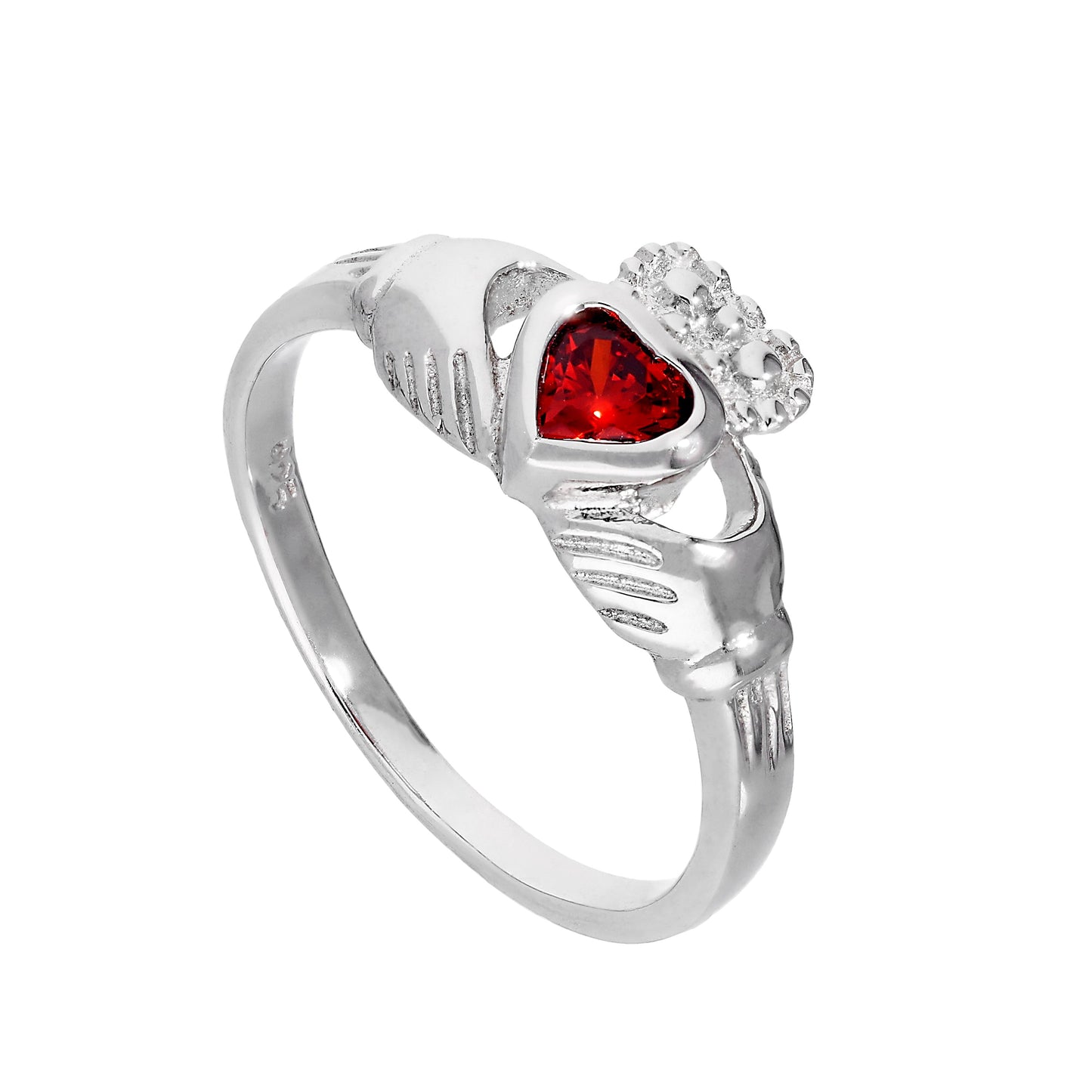 Sterling Silver & Garnet CZ Crystal January Birthstone Claddagh Ring Sizes I - U