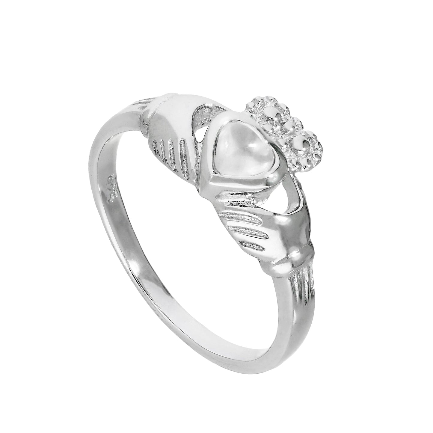 Sterling Silver & Moonstone June Birthstone Claddagh Ring Sizes I - U