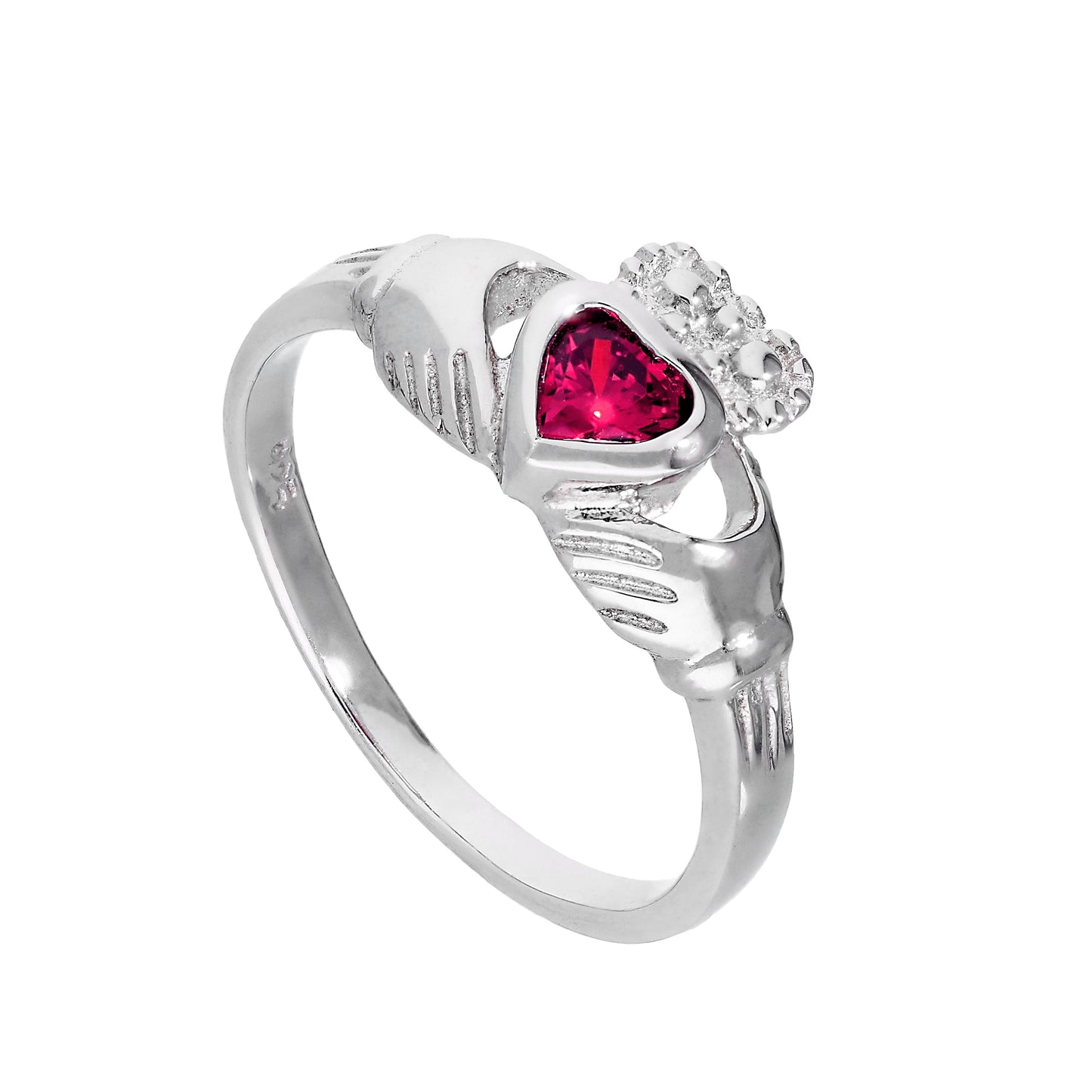 Sterling Silver & Ruby CZ Crystal July Birthstone Claddagh Ring Sizes I - U