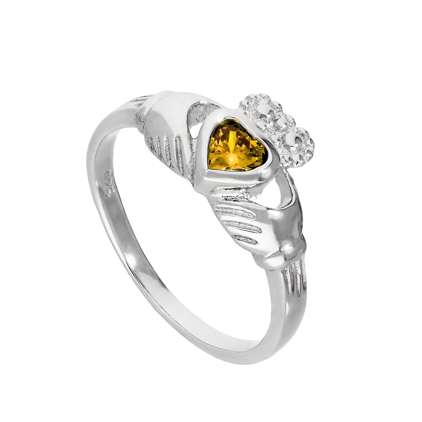 Sterling Silver & Citrine CZ Crystal November Birthstone Claddagh Ring I - U