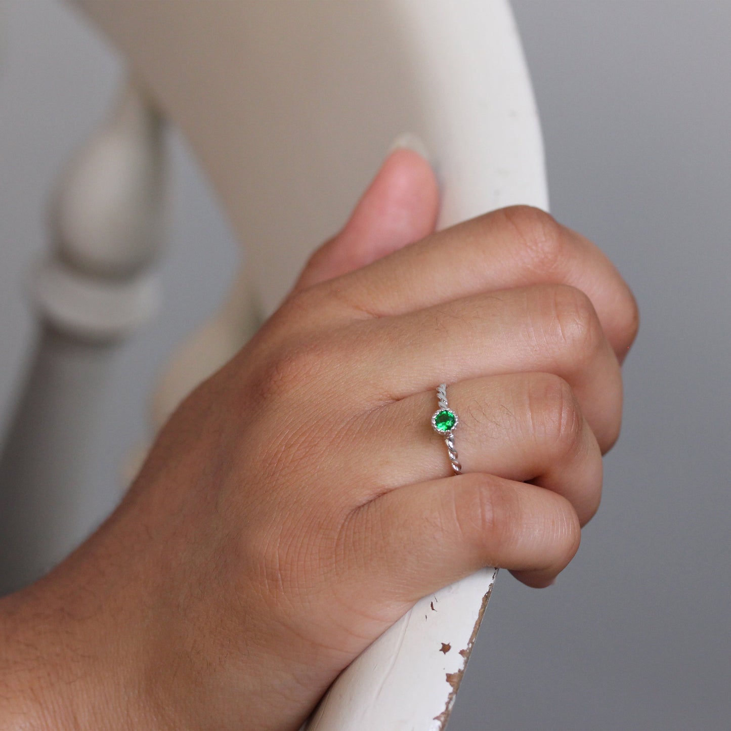 Sterling Silver & Emerald CZ Crystal May Birthstone Twisted Rope Ring I - U