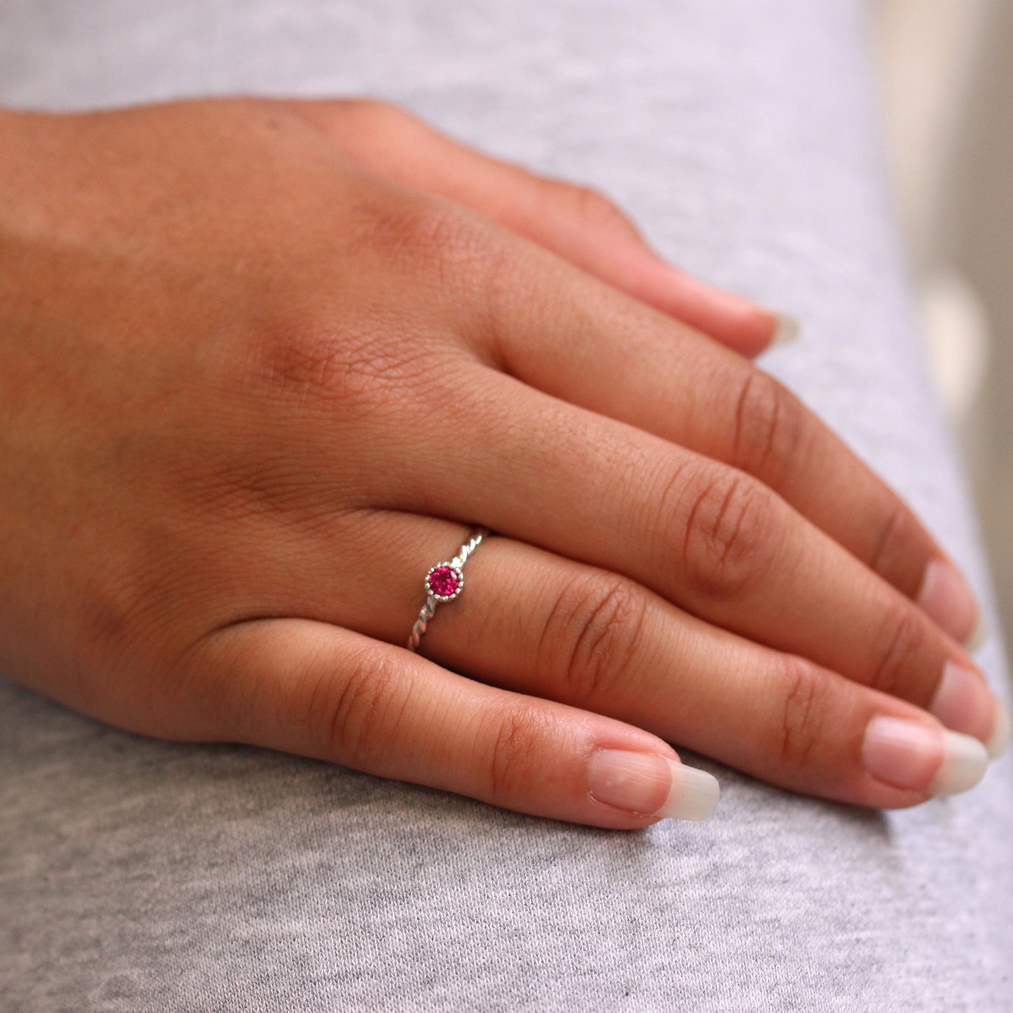 Sterling Silver & Ruby CZ Crystal July Birthstone Twisted Rope Ring I - U