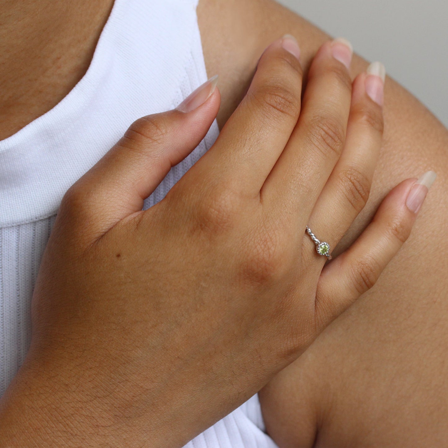 Sterling Silver & Peridot CZ Crystal August Birthstone Twisted Rope Ring I - U