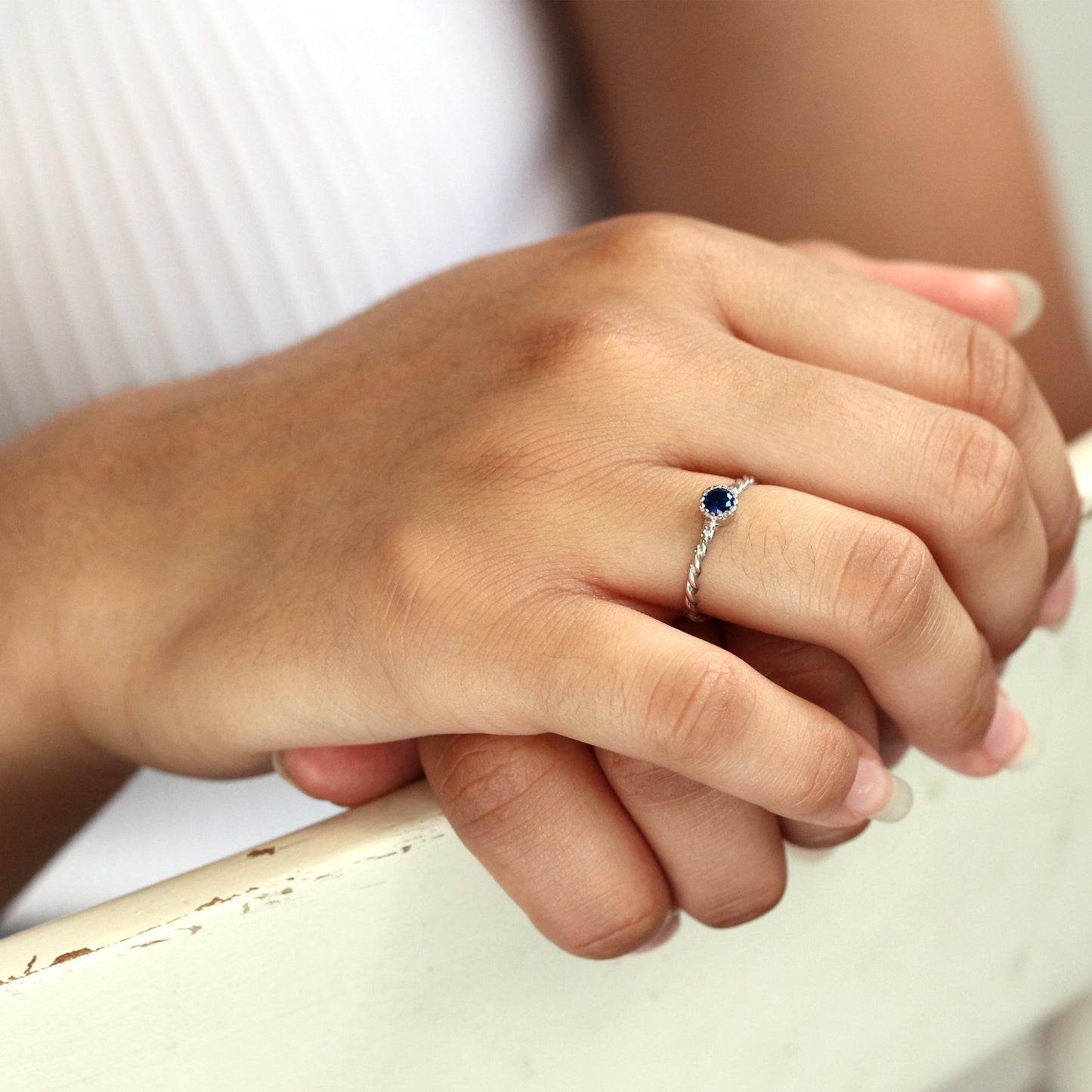 Sterling Silver & Sapphire CZ Crystal September Birthstone Twisted Rope Ring I - U