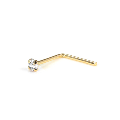 9ct Yellow Gold L-Shaped 1.5mm Round CZ Crystal Nose Stud Pin