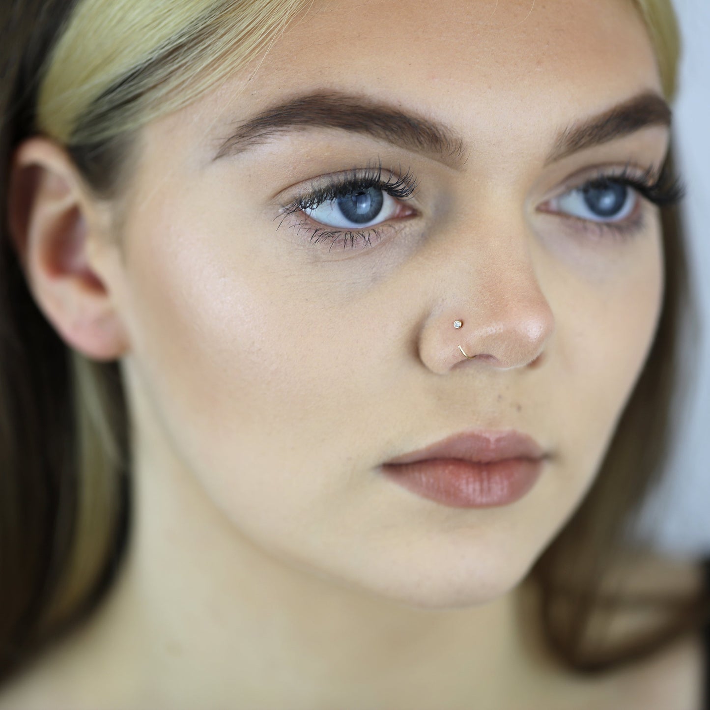 9ct Gold & 2mm Rubover CZ Crystal Open Nose Hoop Ring